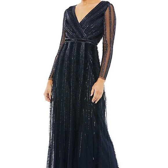 Mac Duggal Blue Midnight Sequined & Beaded A-Line Gown - Picture 1 of 5